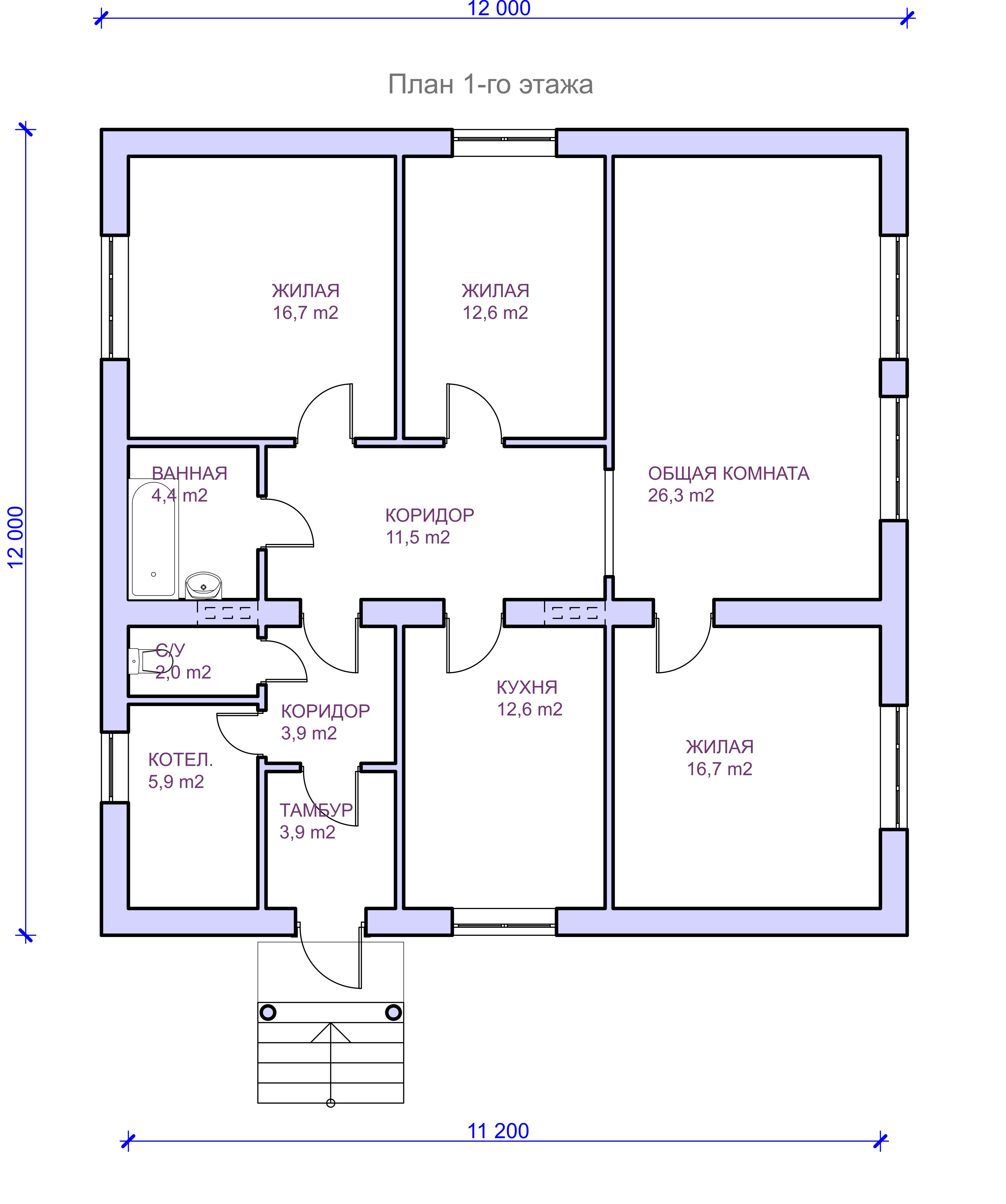 планировка дома 12 на 14 одноэтажный с тремя спальнями